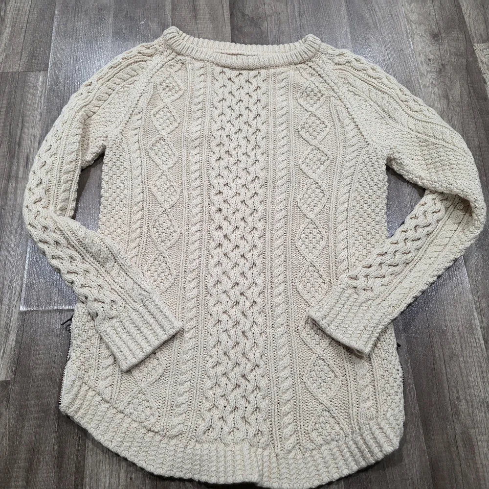 LL BEAN SIGNATURE FISHERMEN Cream Cable Knit Sweater Coastal Nautical Wool